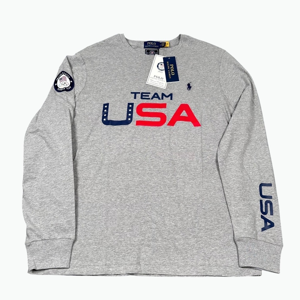 Polo Ralph Lauren T-Shirt Mens Large Gray Team USA Olympic 2022 Long Sleeve Pony